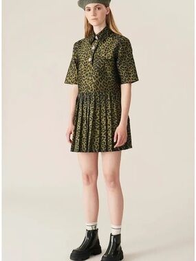 Ganni Crispy Jacquard Mini Dress NWT - Olive Green Leopard